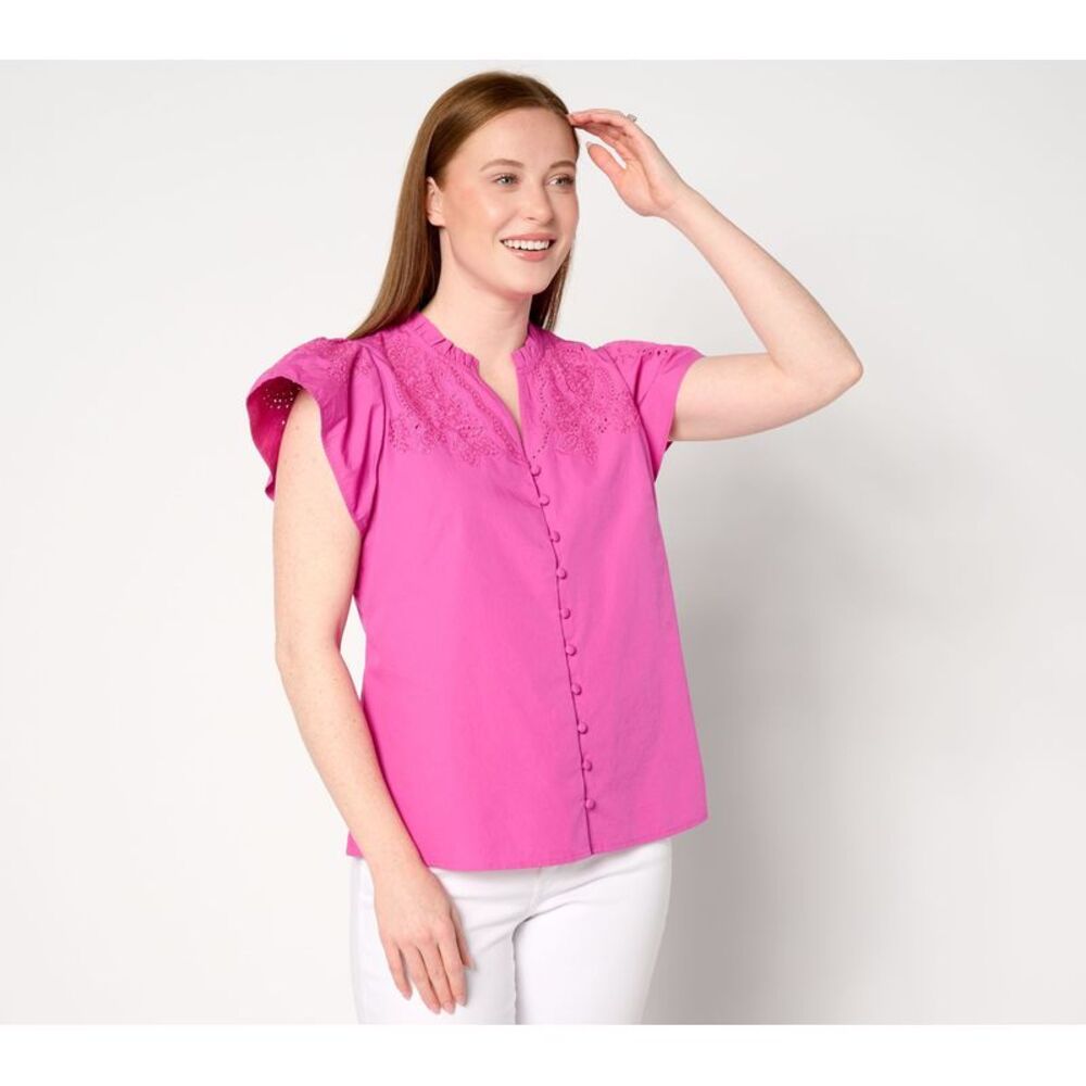 Top Knot Women's Sz L Split Neckline Embroidered Blouse Pink A644950